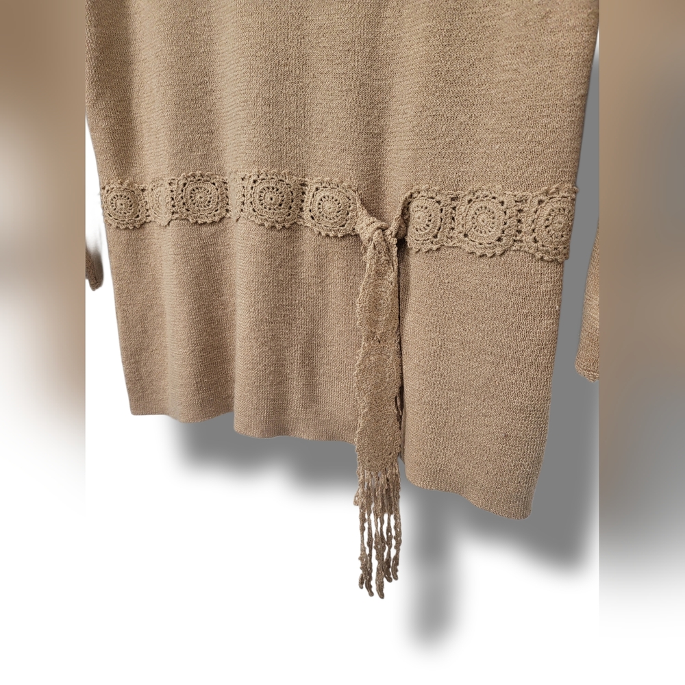 🌿Sag Harbor Women's Medium Tan Knit Crochet Tie Waist Sweater - Picture 5 of 11